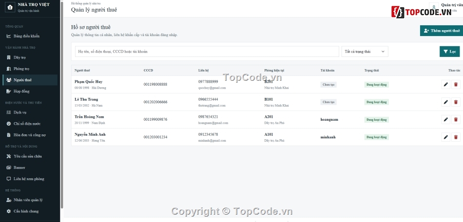 Website quản lý,quản lý trọ,code quản lý nhà trọ